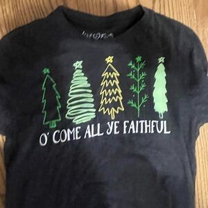 Love Black Tee with Festive Green and Yellow Trees